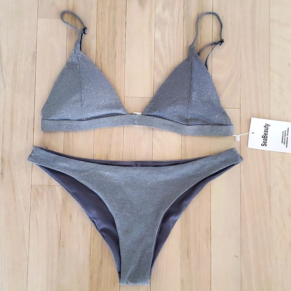 SeaBeauty Glitter Sparkly Silver Bikini Set - Triangle Top and Bottom Size L